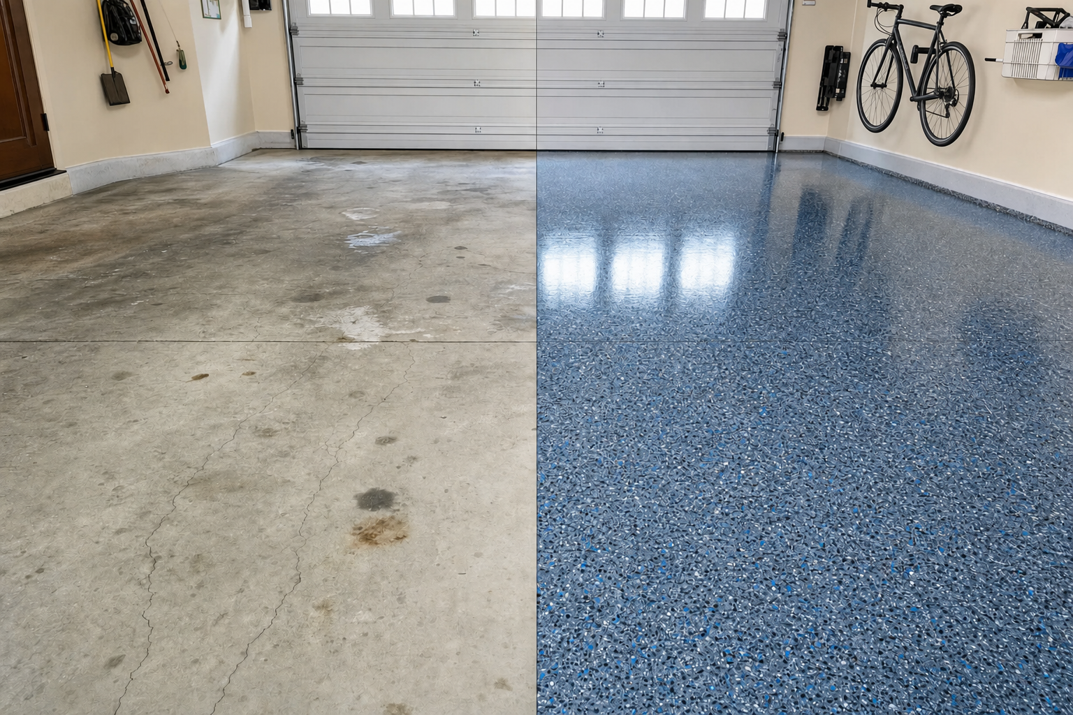 Before and after garage floor coating transformation in Asheville NC